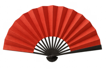 Red hand fan with black handle isolated on transparent background