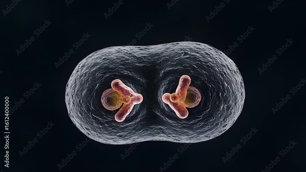 Poster close-up view of cell division process with microscopic details in dark