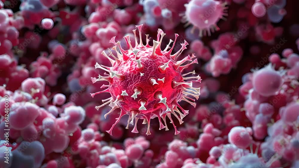 Poster close-up visualization of a virus among cellular structures in a microscopic