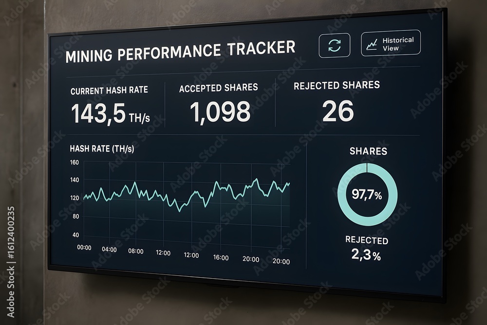Poster mining performance tracker on a large display. it's a display of current hash rate, accepted shares,