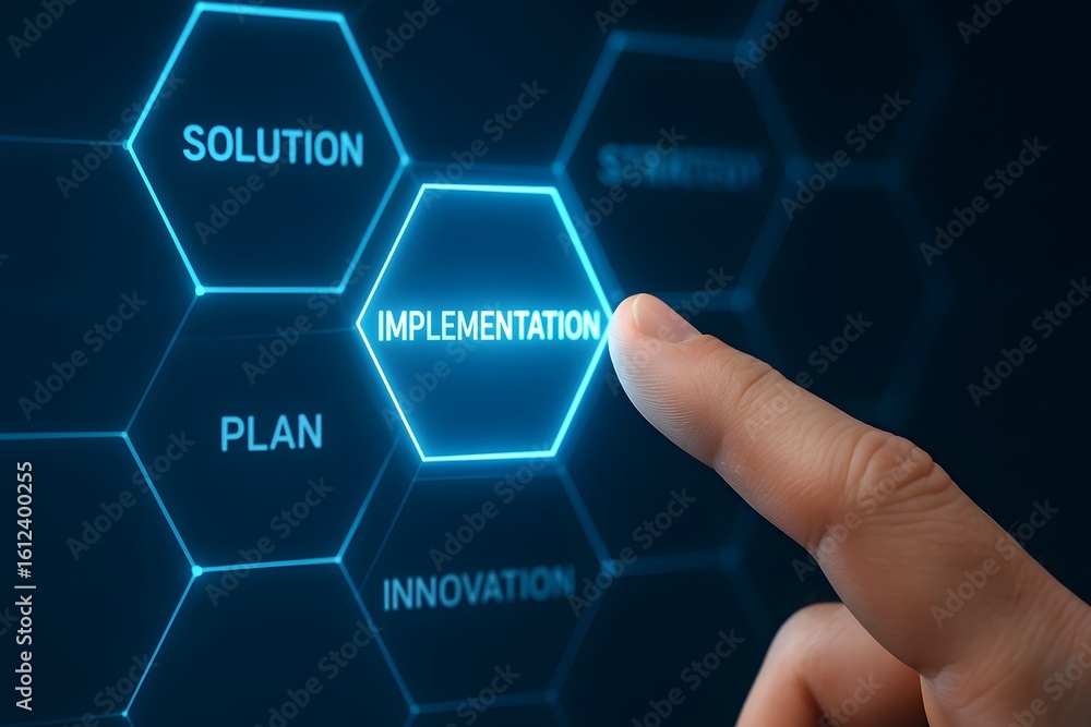 Poster a finger pointing to the word implementation