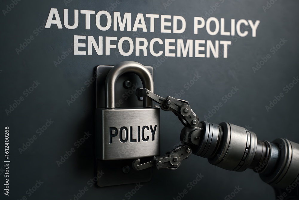 Poster the concept of automated policy enforcement is visualized with a robotic hand securing a padlock lab