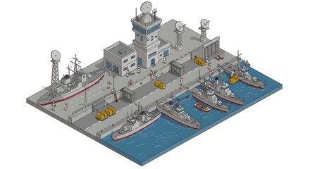 Isometric illustration of a military naval base with warships docked at the harbor pier and a central control tower.