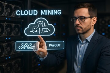 A man interacts with a cloud computing interface and a digital server room