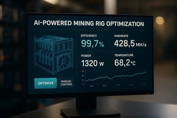 An AI-powered mining rig optimization on a computer monitor, showing the data with the parameters