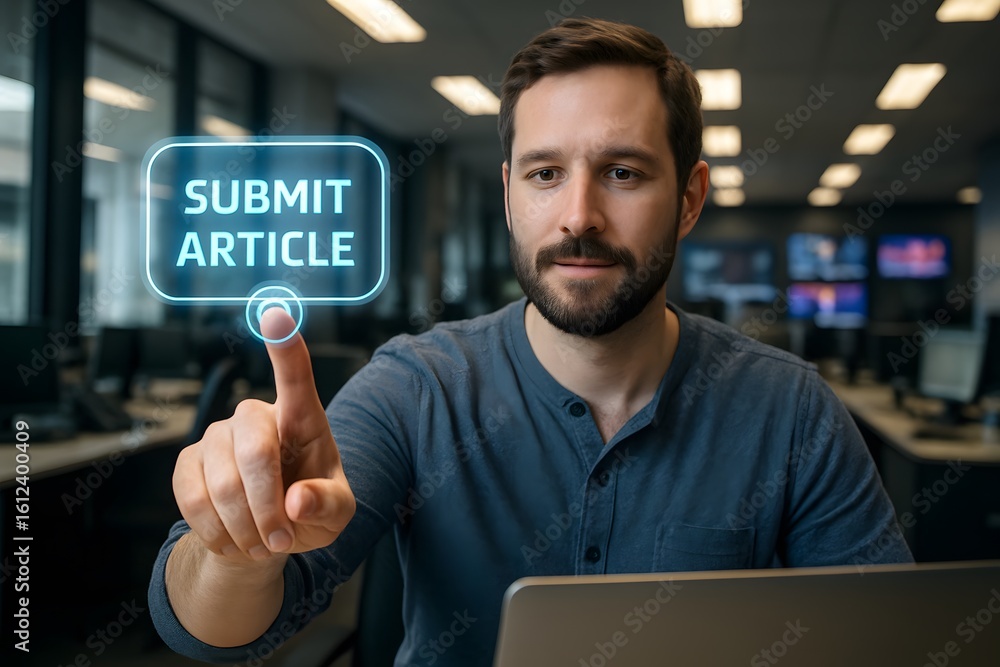 Poster a man is about to submit article on a computer