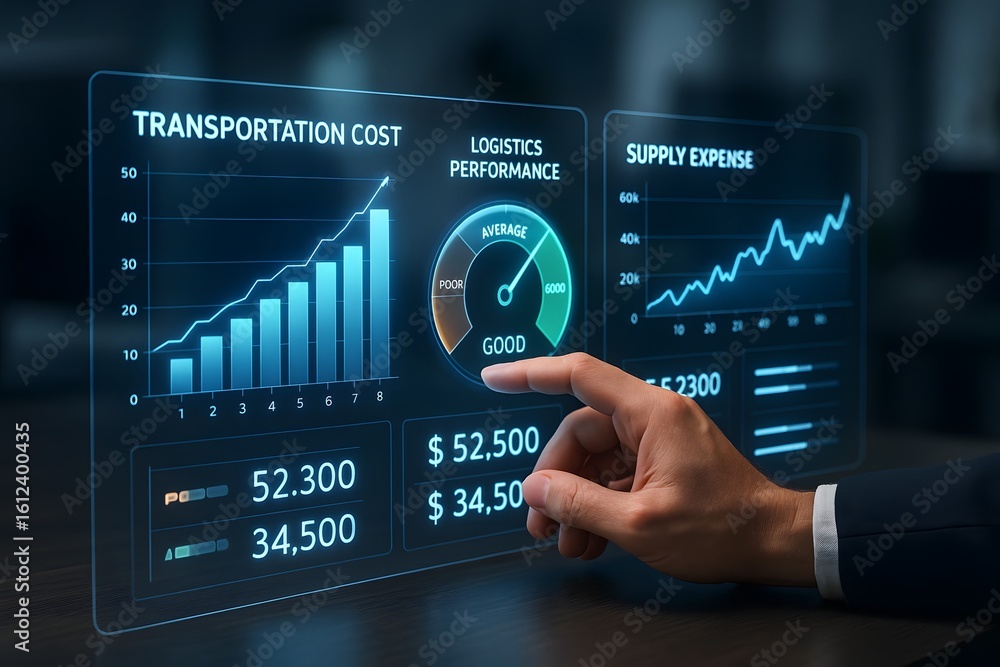 Poster analyzing data on a modern digital interface, illustrating trends and statistics