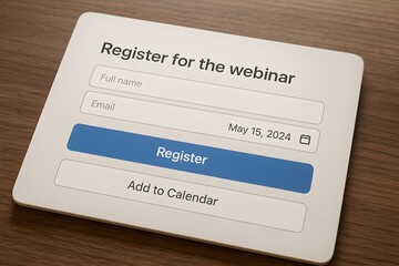 Webinar registration form on a digital device, showcasing a clean and modern interface, ready for user input