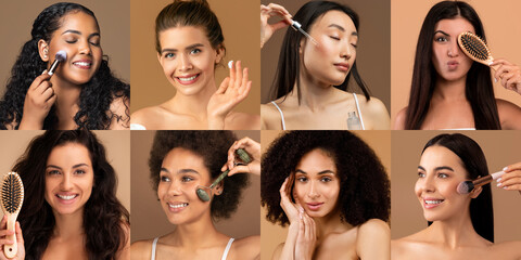 A vibrant collage showcases diverse women engaging in pampering activities at home. They use...