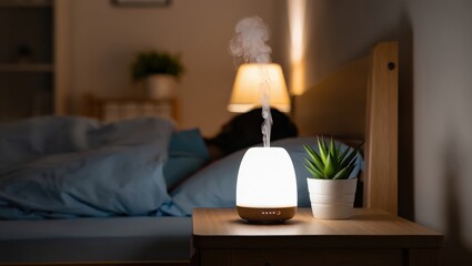 Aromatherapy diffuser emitting relaxing steam in bedroom at night with person sleeping under blanket, small decorative plant on wooden nightstand, warm light in background