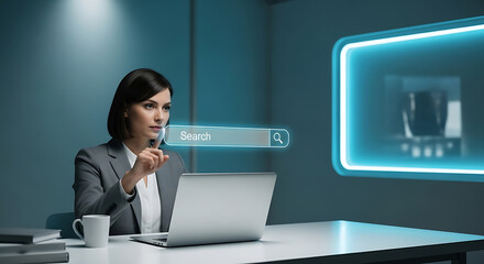 Focused businesswoman in a modern office using a laptop and interacting with a futuristic holographic display