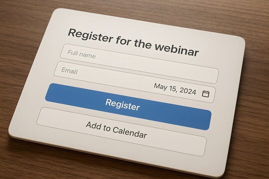 Webinar registration form on a digital device, showcasing a clean and modern interface, ready for user input