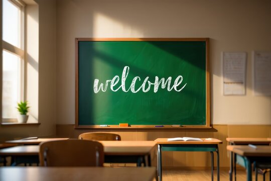 Empty classroom with welcome message handwritten with chalk on the blackboard illuminated by warm sunlight coming through the window during school break