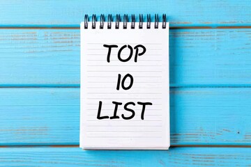 White notepad featuring a top 10 list resting on a blue wooden table, illustrating concepts of ranking, rating, and evaluation in a business or educational context