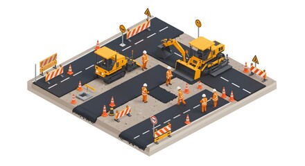 Isometric view of a road construction site with workers and heavy machinery. Infrastructure development and street repair project concept.