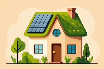 Modern eco friendly house showcasing sustainable living with solar panel and green roof, surrounded by lush greenery, promoting renewable energy and environmental consciousness