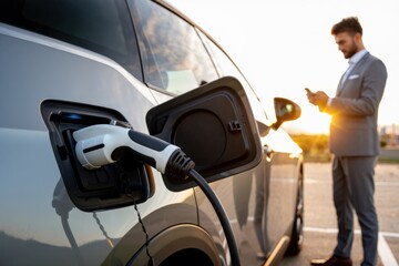 Businessman using smartphone while his electric car is charging at sunset in a parking lot, representing the future of transportation and sustainable mobility
