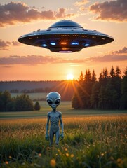 Grey alien standing in a tranquil field at sunset, observing as a UFO spaceship descends, creating an intriguing science fiction scene filled with mystery and wonder