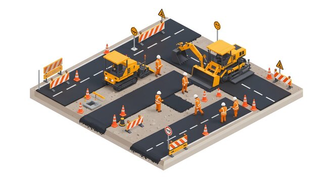 Isometric view of a road construction site with workers and heavy machinery. Infrastructure development and street repair project concept.