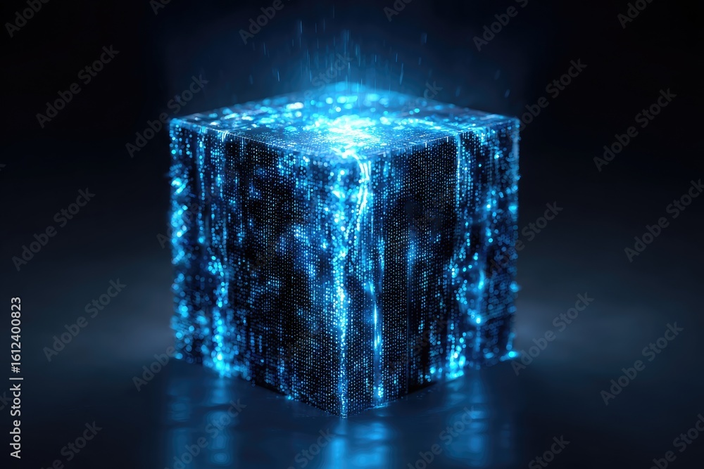 Poster digital cube with glowing data streams.