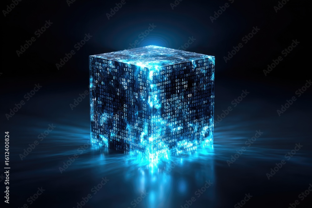 Fototapete digital cube glowing with binary code.