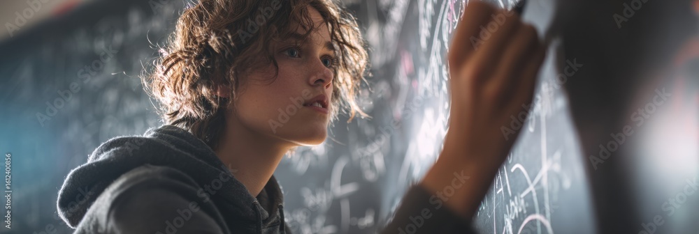 Aufkleber teen working through a complex diagram on a chalkboard in a classroom setting during a study session