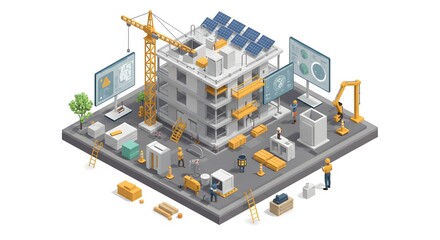 Obraz premium Isometric illustration of a smart construction site with a building under development, crane, and digital technology integration.
