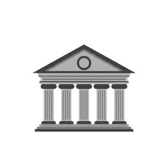 Flat design illustration of a traditional bank building with columns and pediment, symbolizing finance, institutions, and stability.