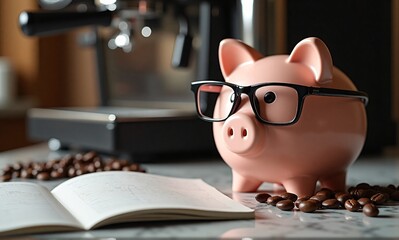 A piggy bank wearing glasses sits beside a notebook and scattered coffee beans, near an espresso machine.  This symbolizes saving money for daily coffee indulgence.