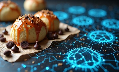 Delectable caramel-topped buns, scattered with chocolate chips, rest on parchment paper. A background of glowing, interconnected nodes creates a striking contrast between sweet treat and abstract desi