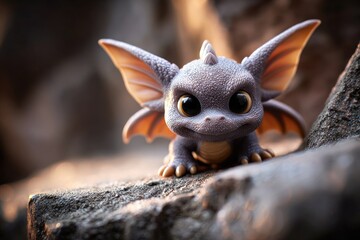 Obraz premium A small, adorable dragon figurine sits atop a stone outcrop.