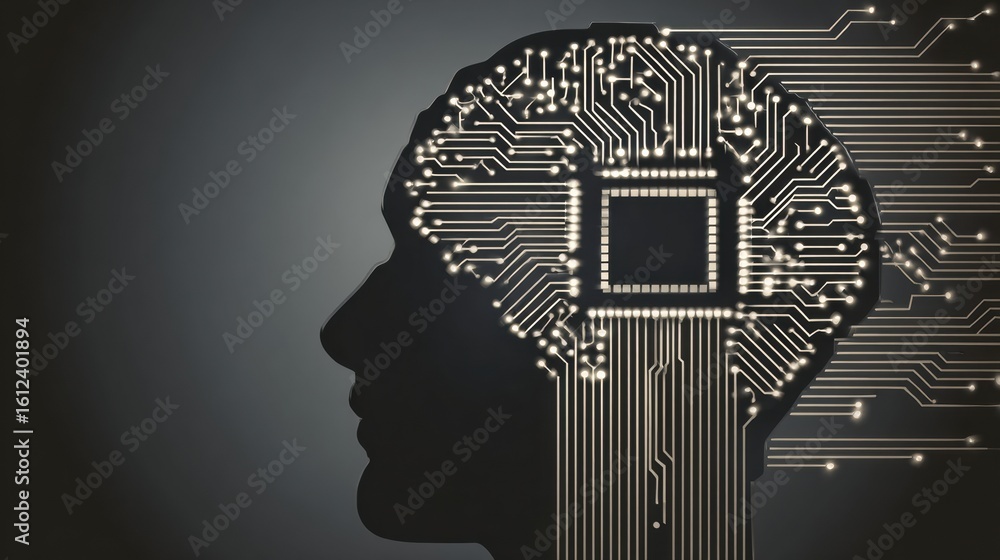 Aufkleber microchip integrated with brain silhouette representing the future of technology and neuroscience in