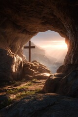 Cave entrance, cross, sunrise