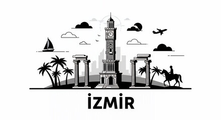Black and white Izmir, Turkey skyline silhouette illustration. Features the İzmir Clock Tower, palm trees, ancient columns, and horse rider. Ideal for travel designs and Turkish culture promotions