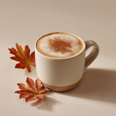 Fototapeta premium cinnamon latte with autumn leaves on neutral background