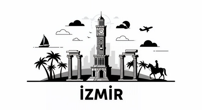 Black and white Izmir, Turkey skyline silhouette illustration. Features the İzmir Clock Tower, palm trees, ancient columns, and horse rider. Ideal for travel designs and Turkish culture promotions