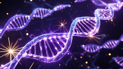 Glowing DNA double helix with neon lights and sparks, illustrating genetic science, biology, biotechnology, and futuristic medical technology in a dark space background.