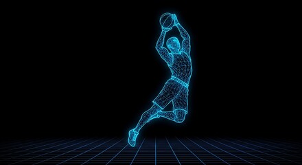 Futuristic wireframe a basketball player mid air photoshoot