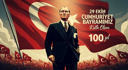 Illustration commemorating the 100th year of Republic Day, featuring Ataturk and the türk bayrağı
