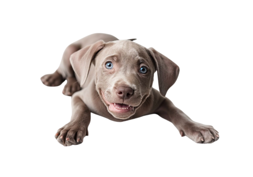 Playful Weimaraner puppy lying down on a plain, clean surface, ready to pounce