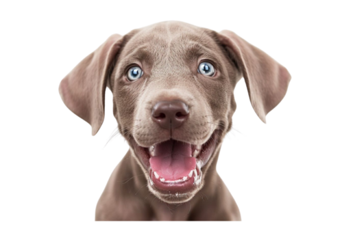 Happy Weimaraner Puppy with Blue Eyes on a Plain Background, Smiling, Cheerful