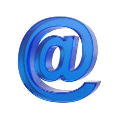 3D "at" symbol icon in vibrant blue semi-transparent plastic. 8K render for email and social media, isolated on a white background.