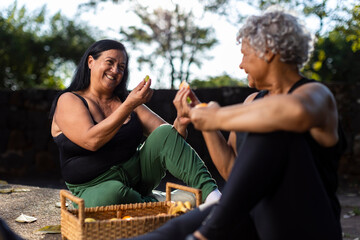 Two senior women laughing and chatting outdoors with basket