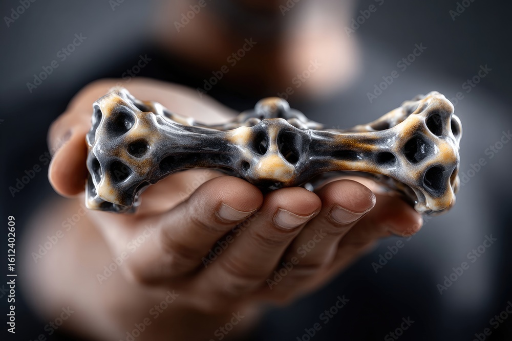 Poster handheld sculpted object with intricate details.