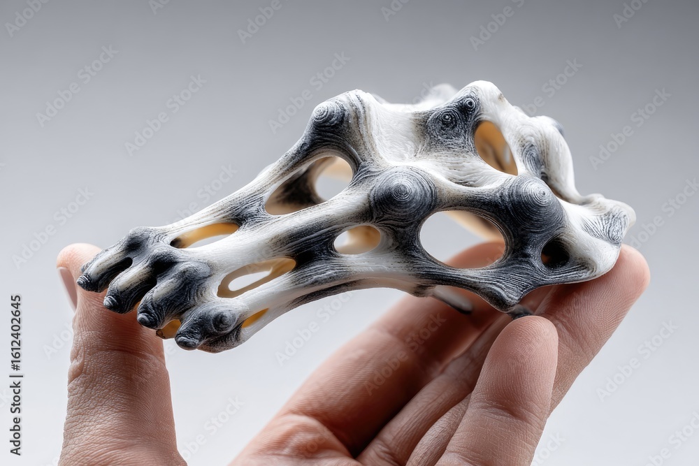 Poster intricate 3d printed structure held in a hand.