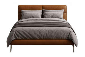 Modern bed with leather headboard and grey bedding on transparent background