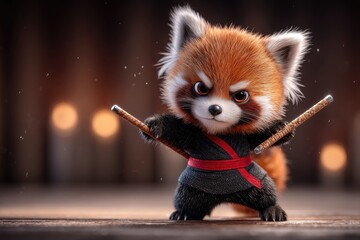 Cute red panda dressed in ninja gear holding bo staffs.