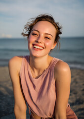 Smiling young woman on the beach with a pink t-shirt