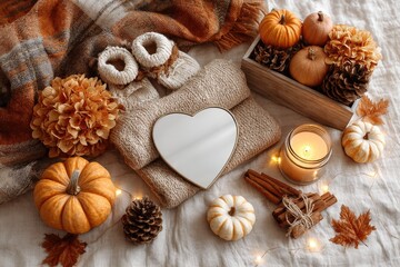 Autumnal decor arranged on a light beige surface.