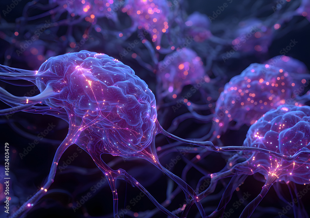 Poster neon lights illuminate brain shapes dark cyberspace connecting hardware via generative ai abstract
